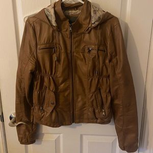 Faux leather jacket with removable hood